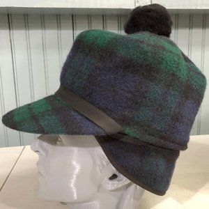 Green Wool Plaid Pom 6 3/4 Hunting Winter Made USA Scotch Ear Flaps Hat